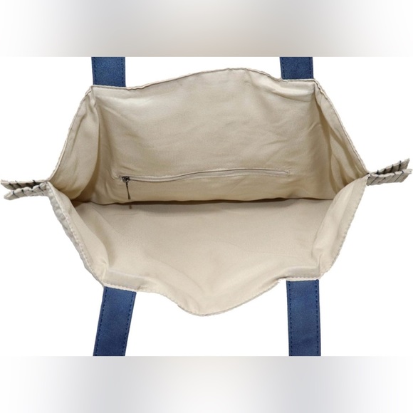 Win&Co Quilted Tote Cream Beige Blue Handles Blue Stitching Purse Versatile - Picture 3 of 8